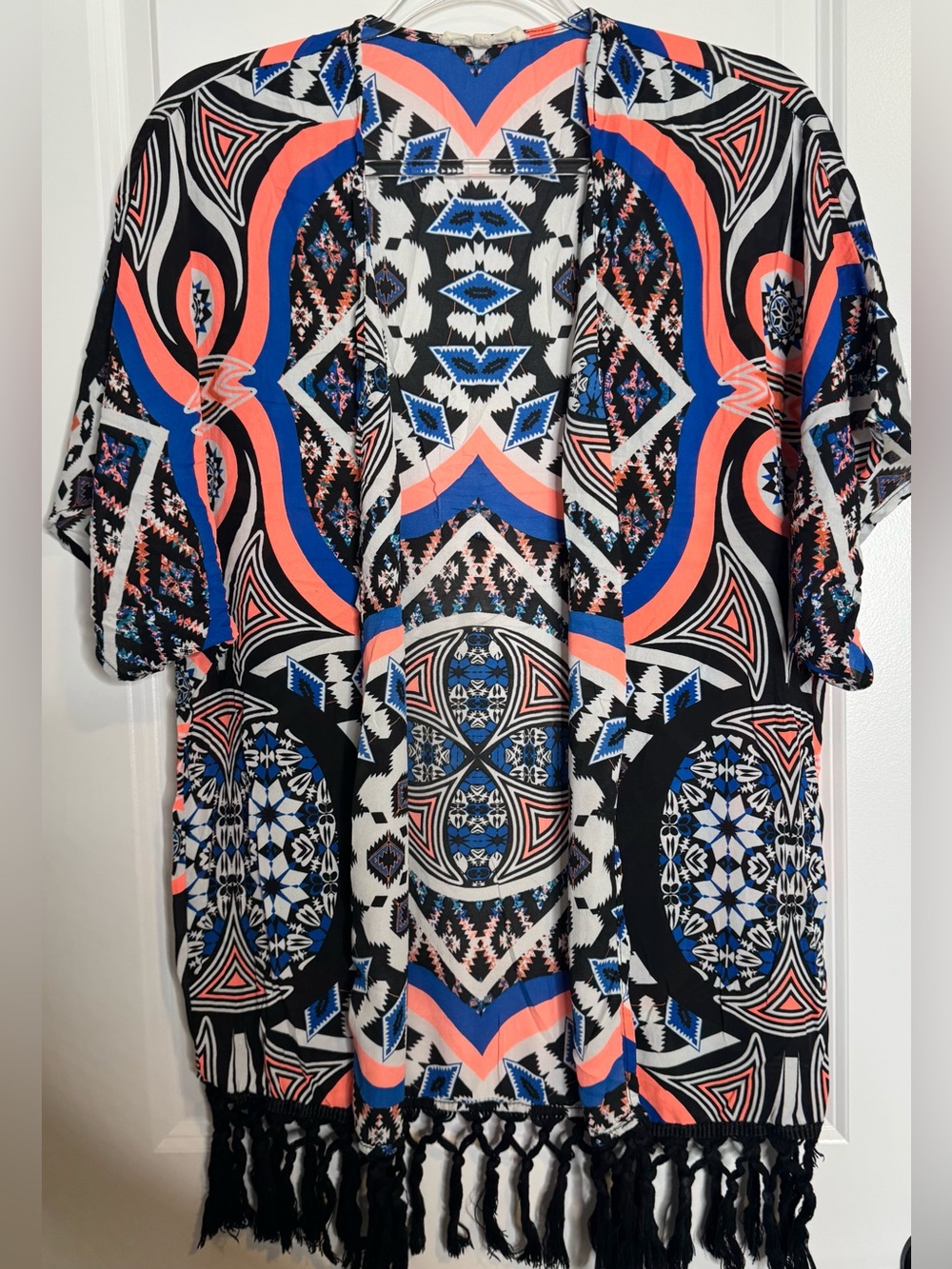 Wishful Park Black Geo-Print Fringe Cardigan with Blue & Coral Accents boho SM